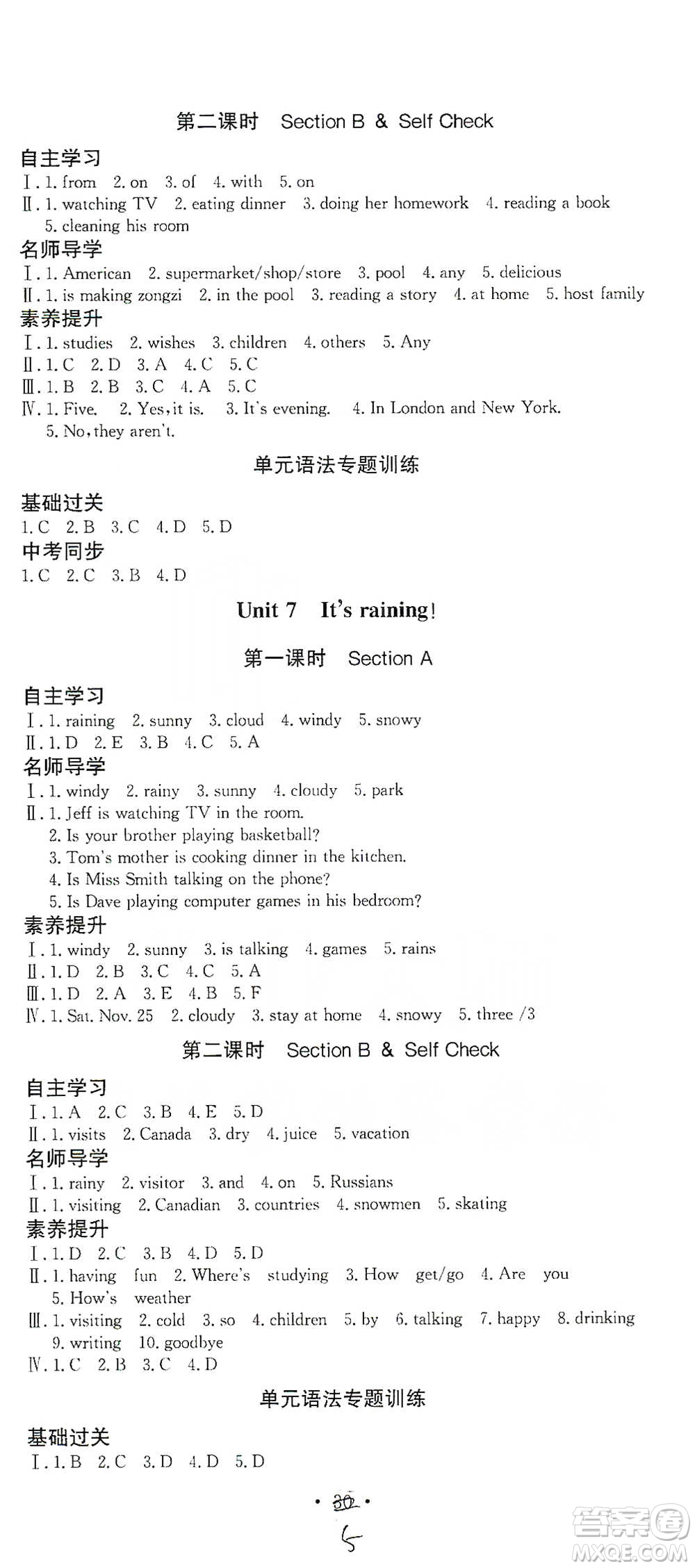 陜西人民出版社2021實(shí)驗(yàn)教材新學(xué)案英語七年級下冊人教版參考答案