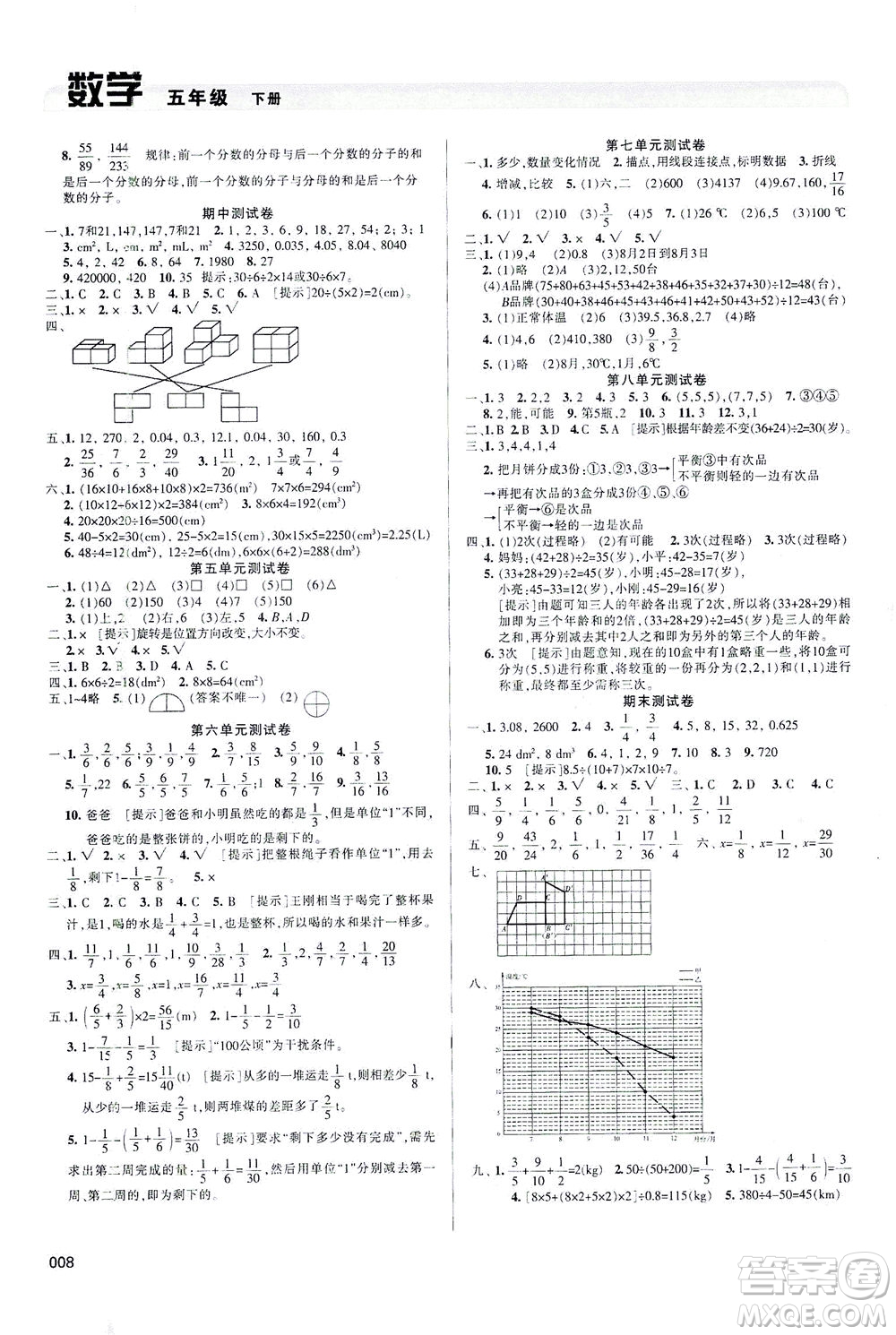 天津教育出版社2021學(xué)習(xí)質(zhì)量監(jiān)測數(shù)學(xué)五年級(jí)下冊(cè)人教版答案