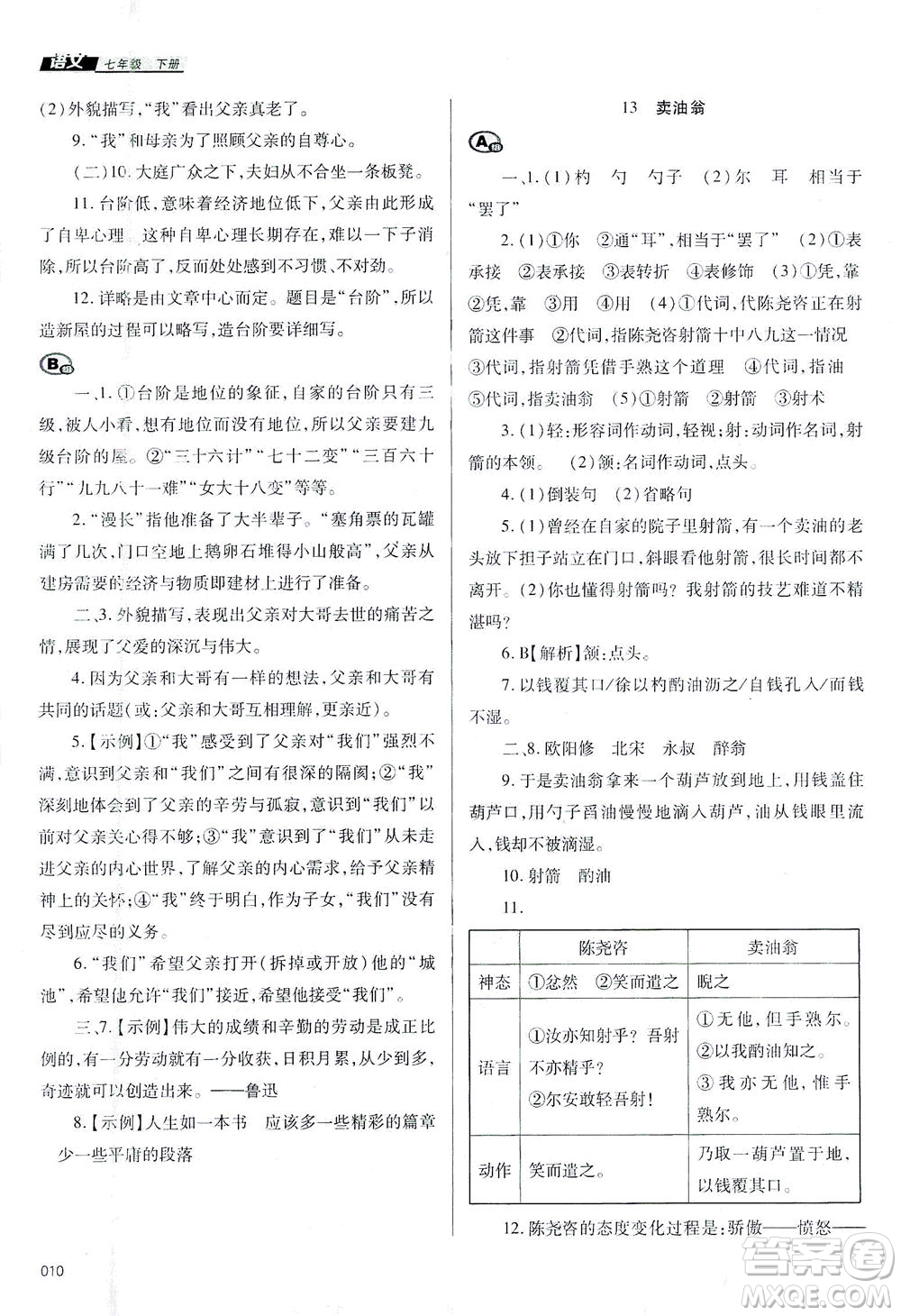 天津教育出版社2021學習質(zhì)量監(jiān)測七年級語文下冊人教版答案