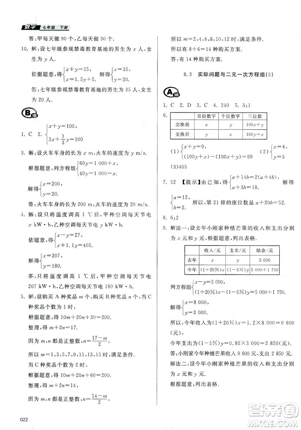 天津教育出版社2021學(xué)習(xí)質(zhì)量監(jiān)測(cè)七年級(jí)數(shù)學(xué)下冊(cè)人教版答案