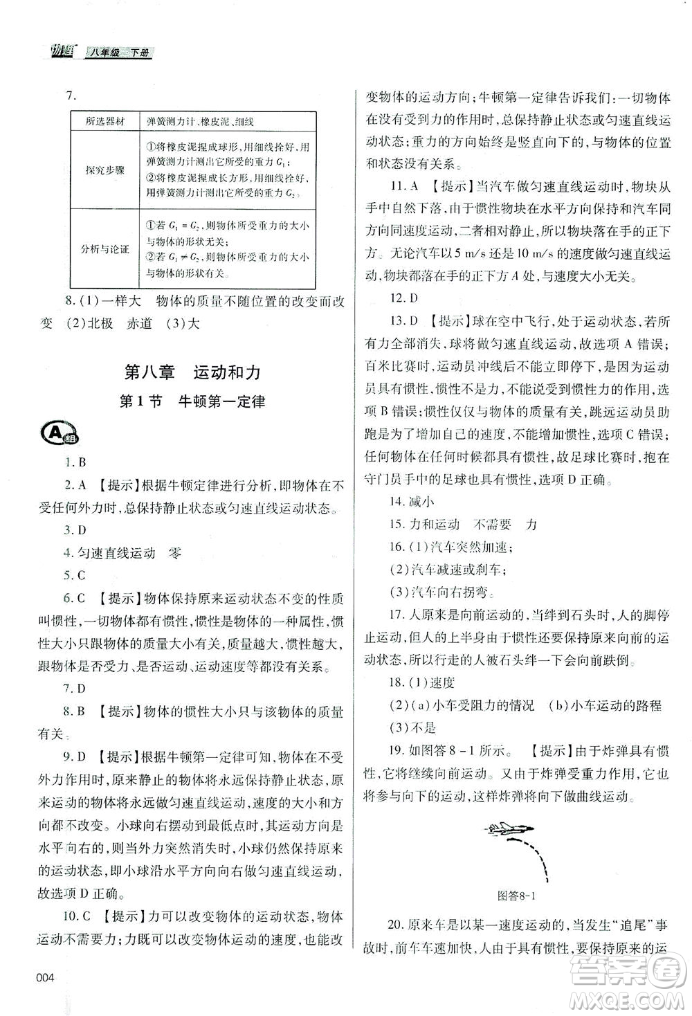 天津教育出版社2021學(xué)習(xí)質(zhì)量監(jiān)測八年級物理下冊人教版答案