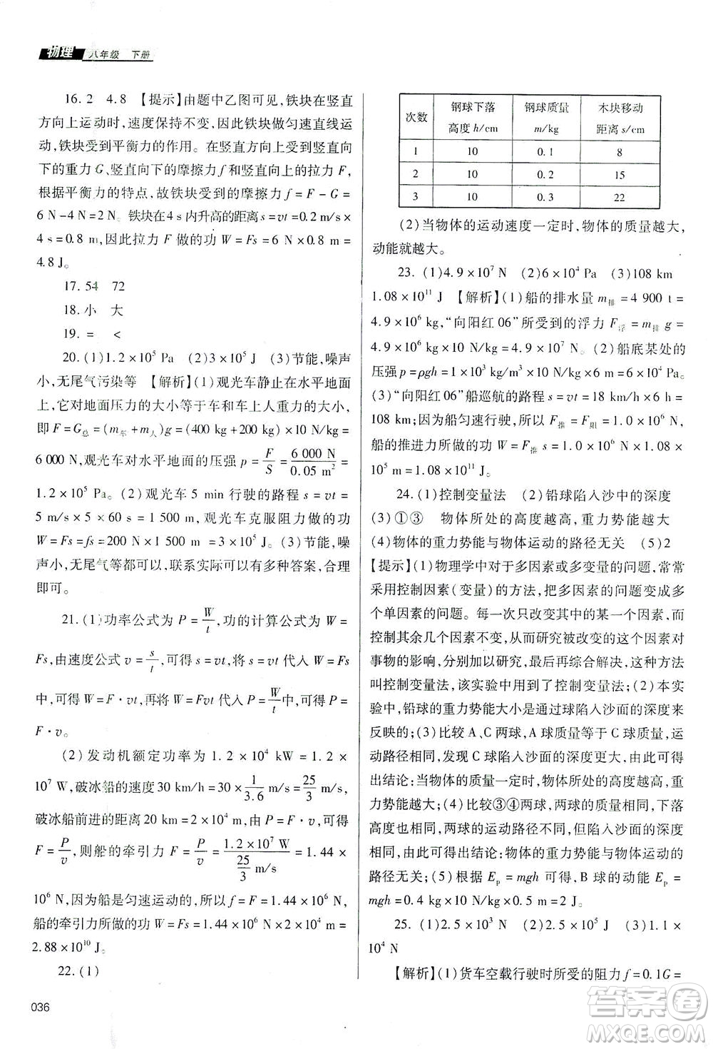 天津教育出版社2021學(xué)習(xí)質(zhì)量監(jiān)測八年級物理下冊人教版答案