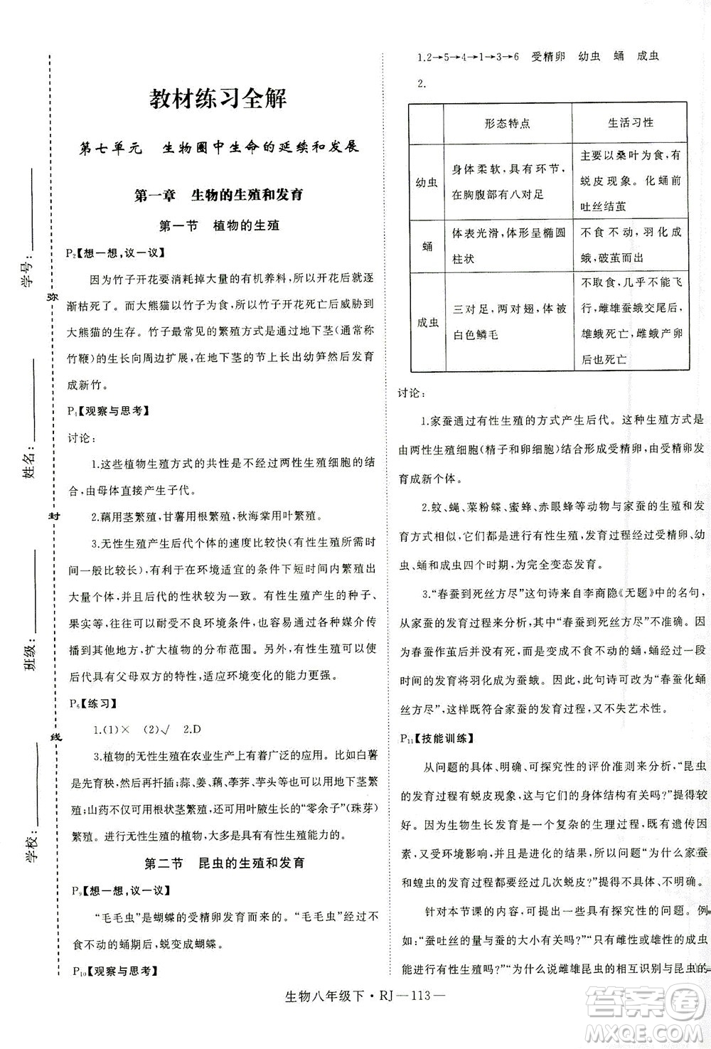 武漢出版社2021學(xué)練優(yōu)科學(xué)思維訓(xùn)練法生物八年級(jí)下冊(cè)RJ人教版答案