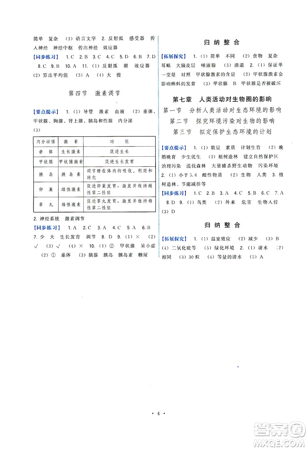 福建人民出版社2021頂尖課課練七年級生物下冊人教版答案