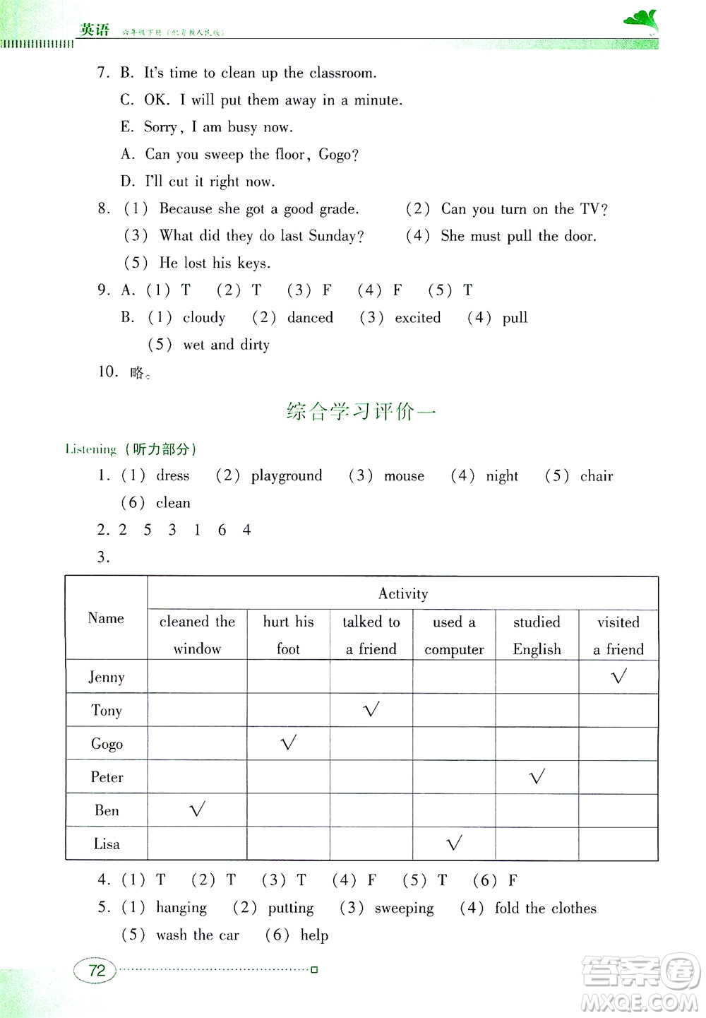 廣東教育出版社2021南方新課堂金牌學(xué)案英語六年級(jí)下冊(cè)粵教人民版答案