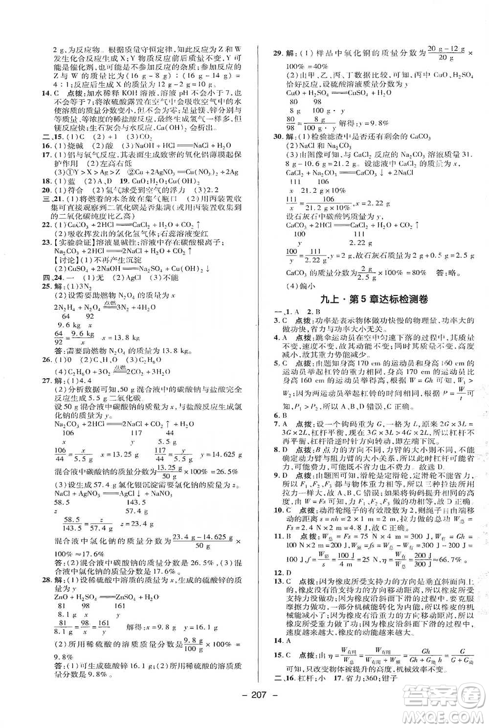 陜西人民教育出版社2021典中點九年級全一冊科學(xué)華師版參考答案