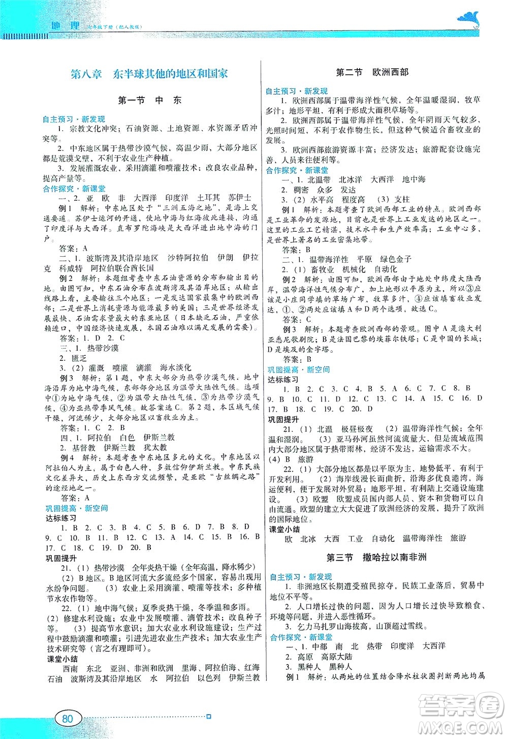 廣東教育出版社2021南方新課堂金牌學(xué)案地理七年級下冊人教版答案