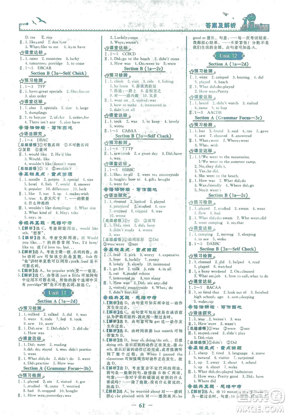 人民教育出版社2021陽光課堂金牌練習冊英語七年級下冊人教版答案