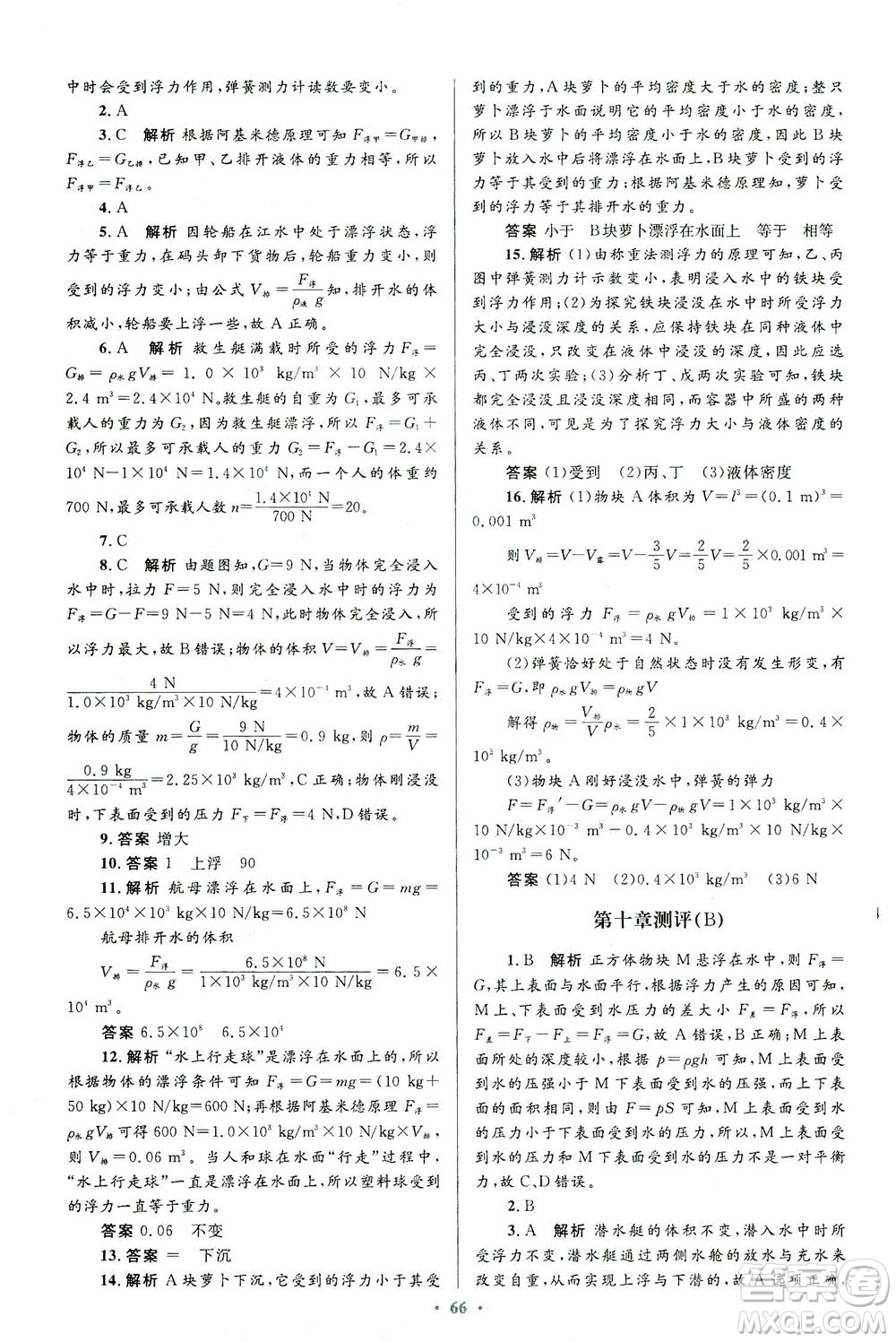 人民教育出版社2021初中同步測控優(yōu)化設(shè)計八年級物理下冊人教版答案