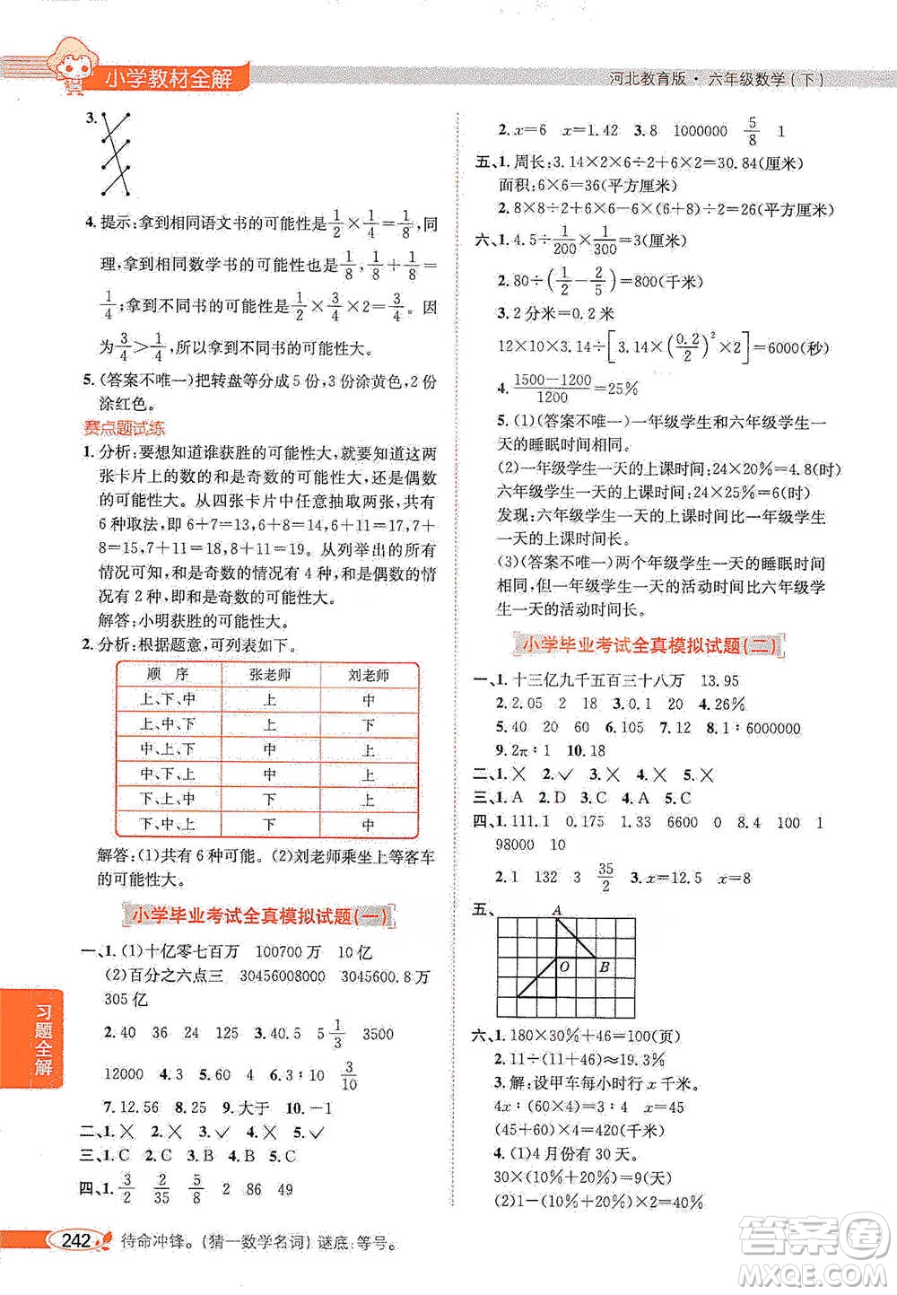 陜西人民教育出版社2021小學(xué)教材全解六年級下冊數(shù)學(xué)河北教育版參考答案