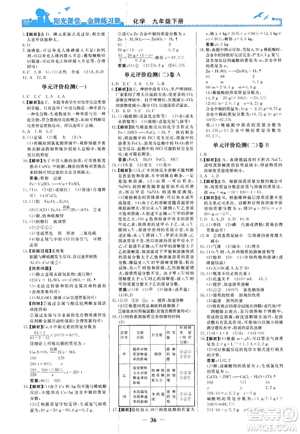 人民教育出版社2021陽光課堂金牌練習(xí)冊化學(xué)九年級下冊人教版答案