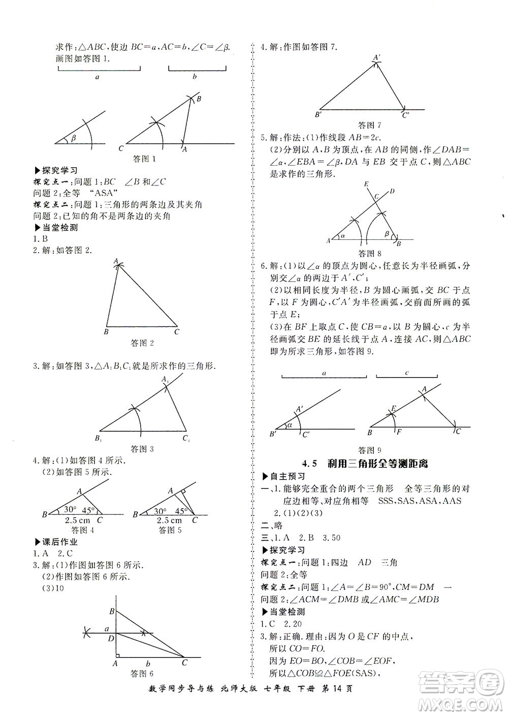 鄭州大學(xué)出版社2021新學(xué)案同步導(dǎo)與練七年級(jí)數(shù)學(xué)下冊(cè)北師大版答案