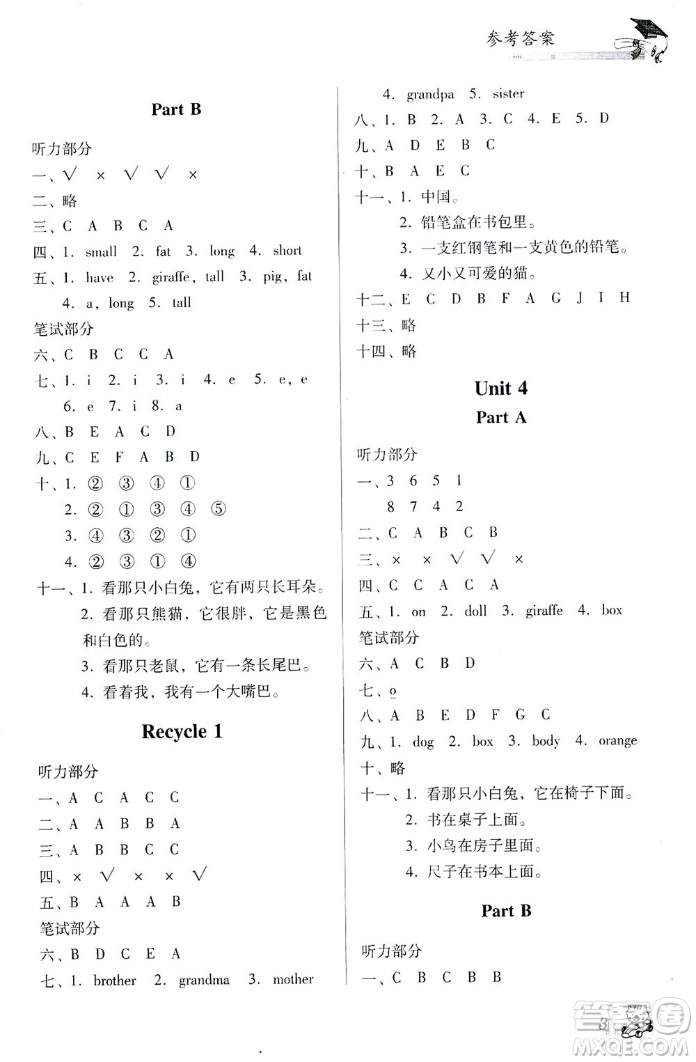 廣東經(jīng)濟(jì)出版社2021雙基同步導(dǎo)航訓(xùn)練三年級英語下冊人教PEP版答案