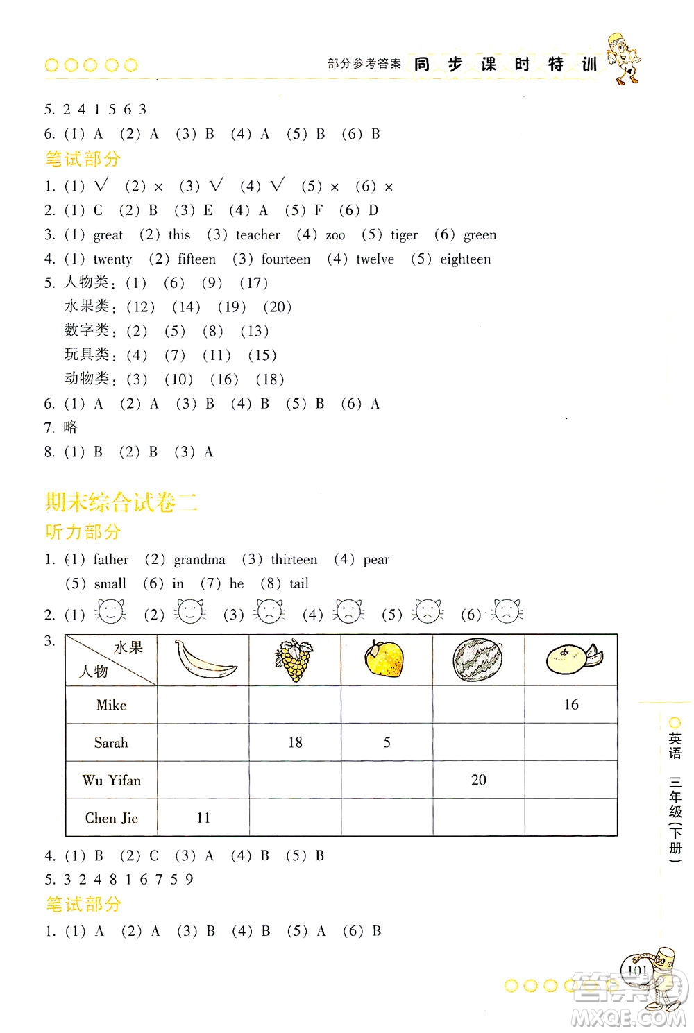 浙江少年兒童出版社2021同步課時(shí)特訓(xùn)英語三年級(jí)下冊(cè)R人教版答案