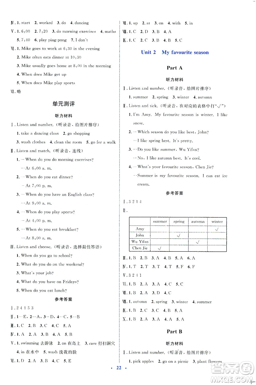 人民教育出版社2021同步解析與測評五年級英語下冊人教版答案