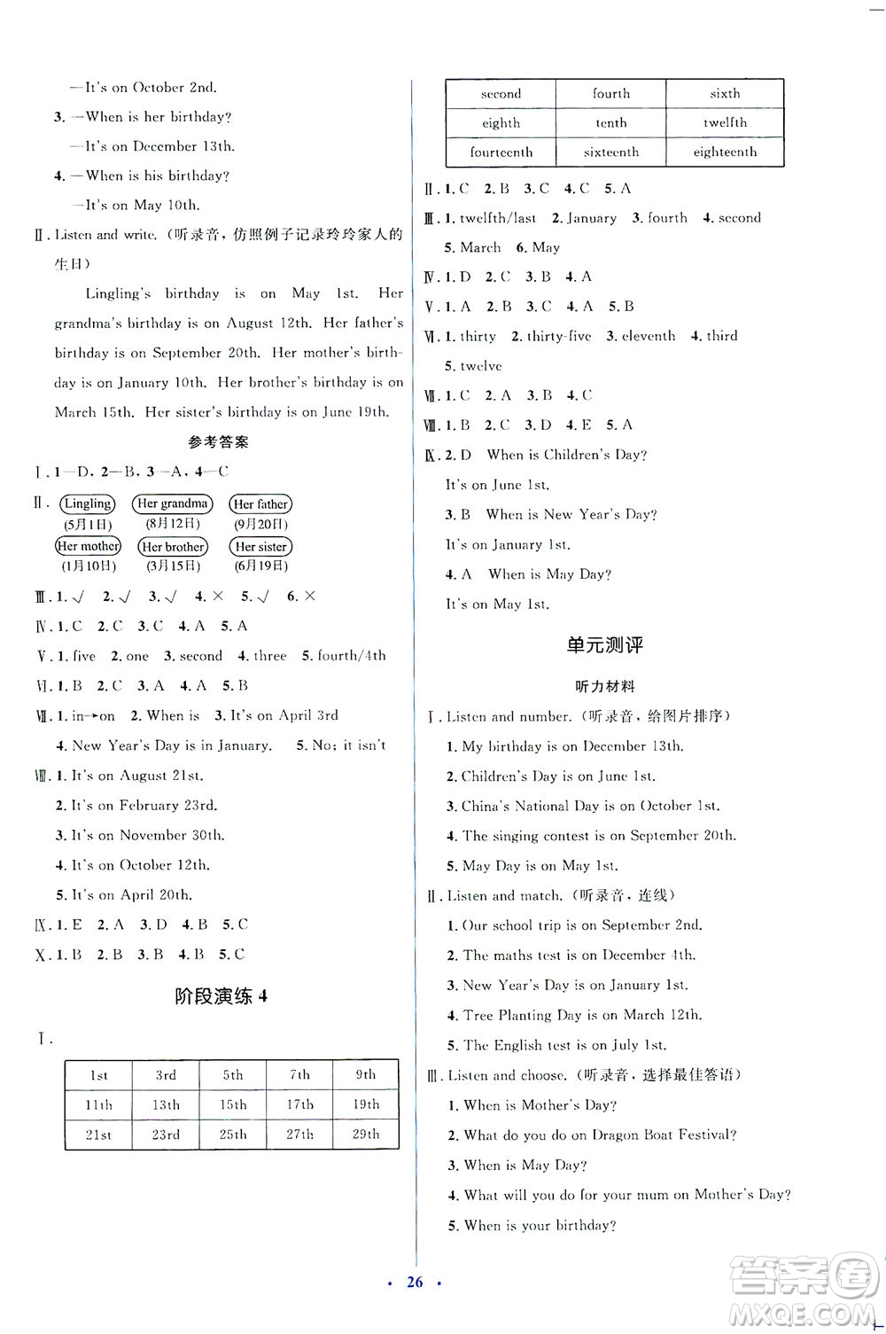 人民教育出版社2021同步解析與測評五年級英語下冊人教版答案