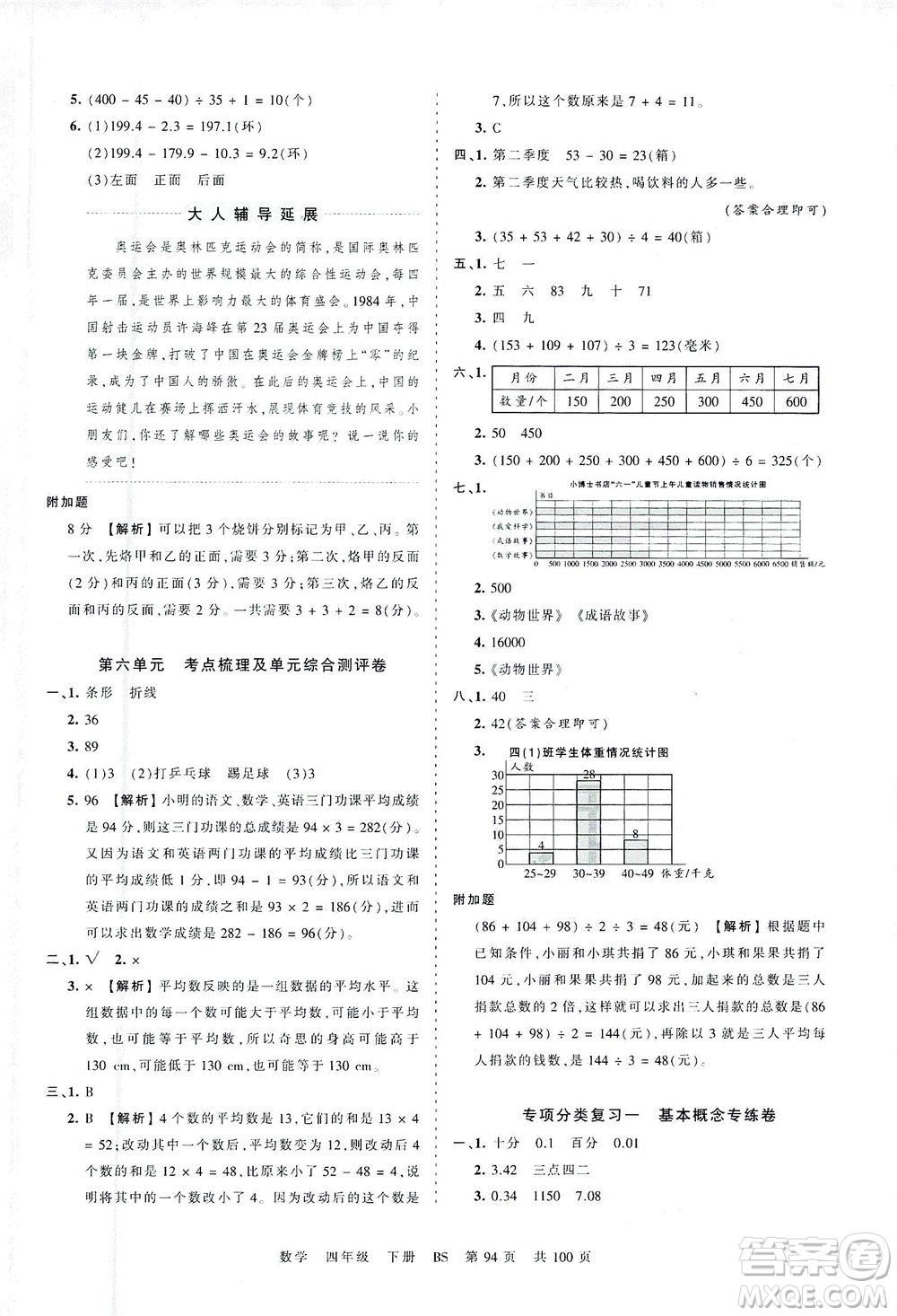 江西人民出版社2021春王朝霞考點(diǎn)梳理時(shí)習(xí)卷數(shù)學(xué)四年級下冊BS北師版答案