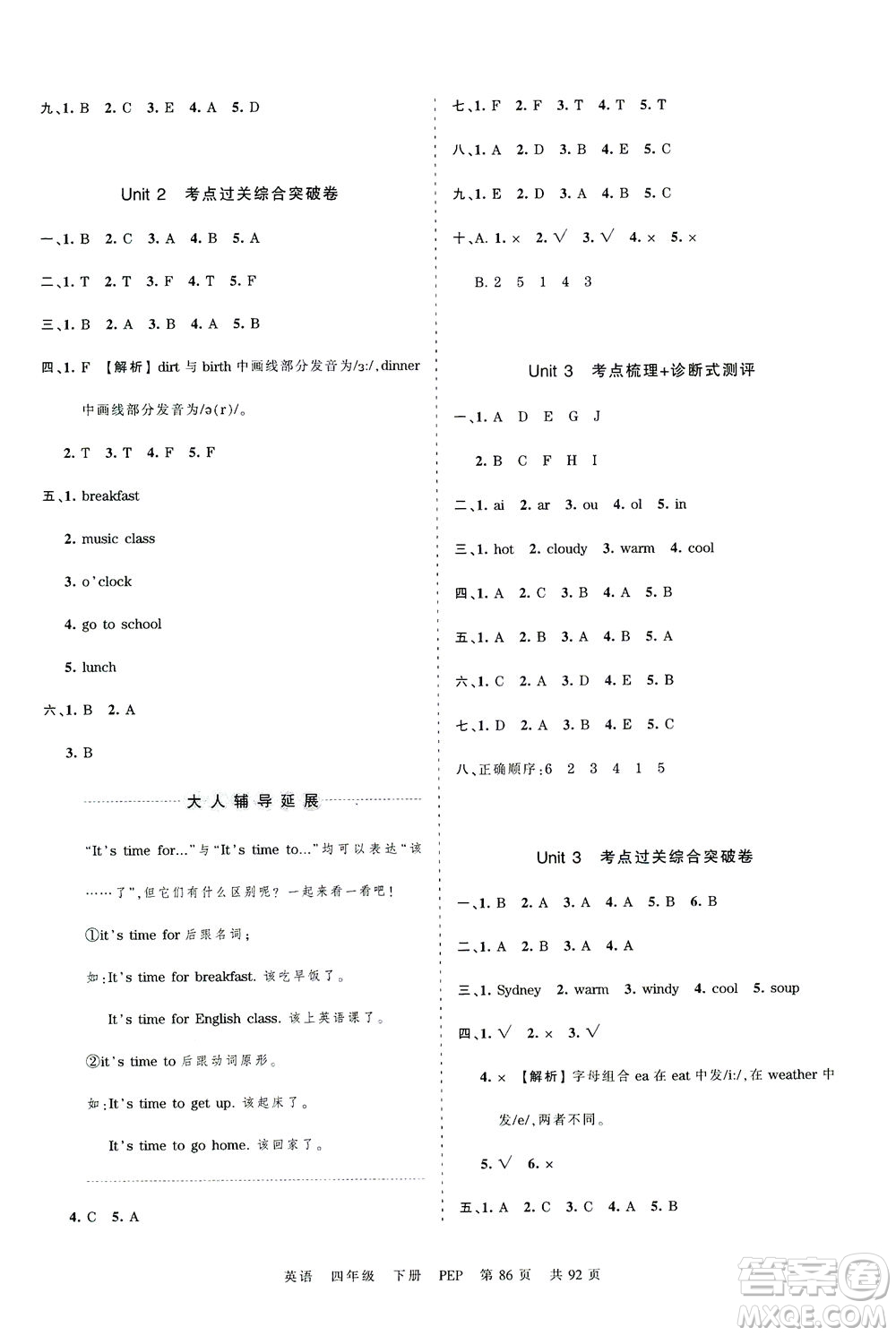 江西人民出版社2021春王朝霞考點(diǎn)梳理時(shí)習(xí)卷英語四年級(jí)下冊(cè)PEP人教版答案