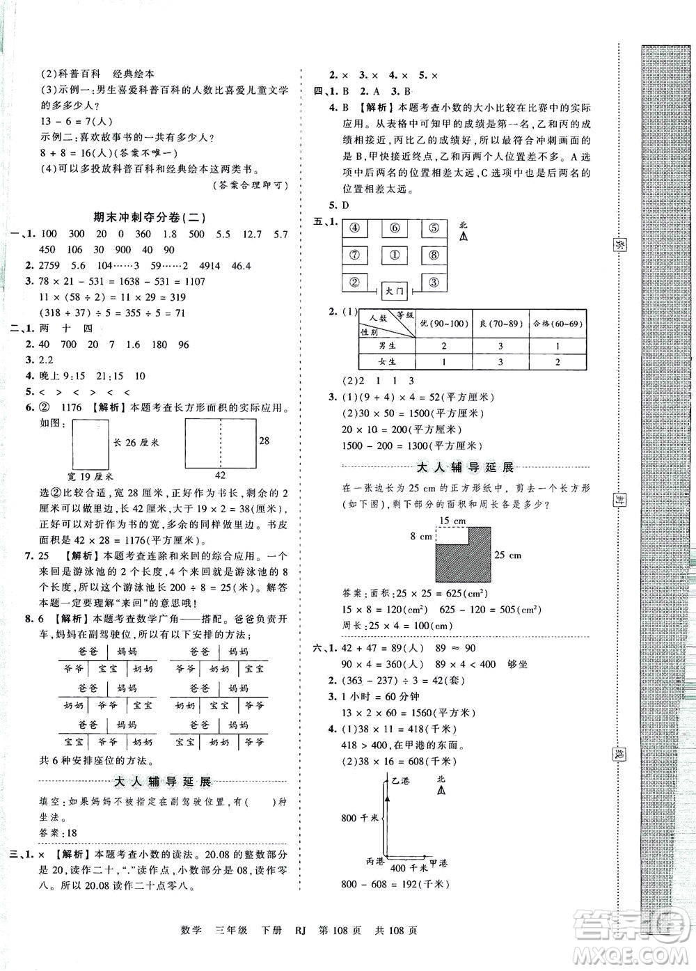 江西人民出版社2021春王朝霞考點(diǎn)梳理時(shí)習(xí)卷數(shù)學(xué)三年級(jí)下冊(cè)RJ人教版答案