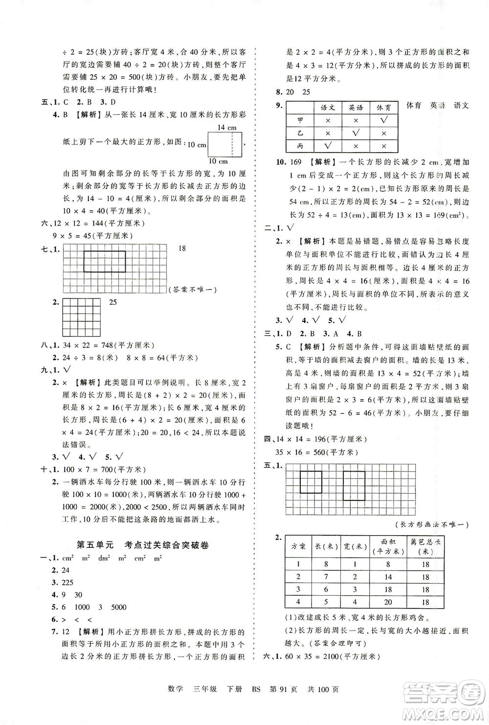 江西人民出版社2021春王朝霞考點梳理時習(xí)卷數(shù)學(xué)三年級下冊BS北師版答案