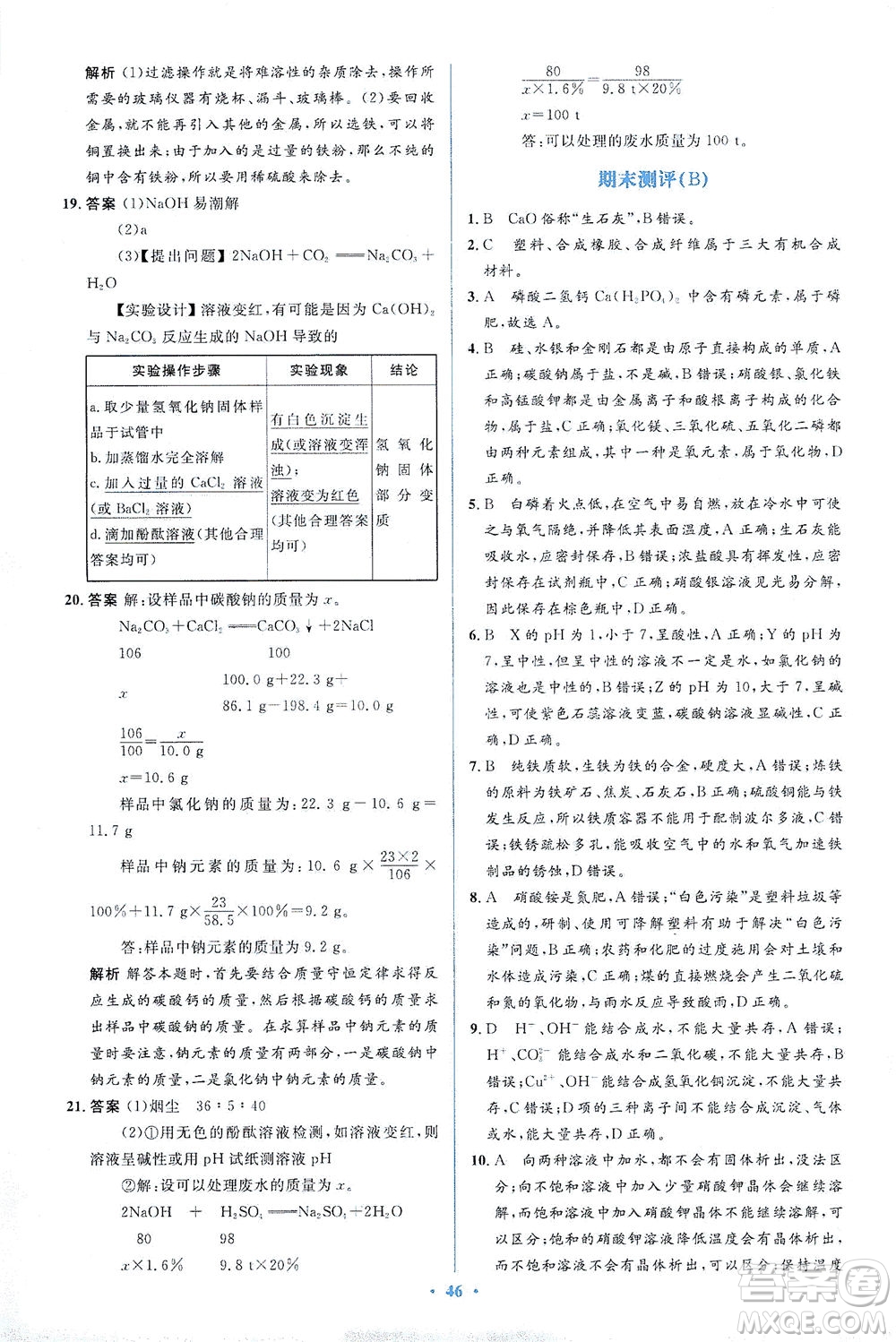 人民教育出版社2021同步解析與測評(píng)九年級(jí)化學(xué)下冊人教版答案