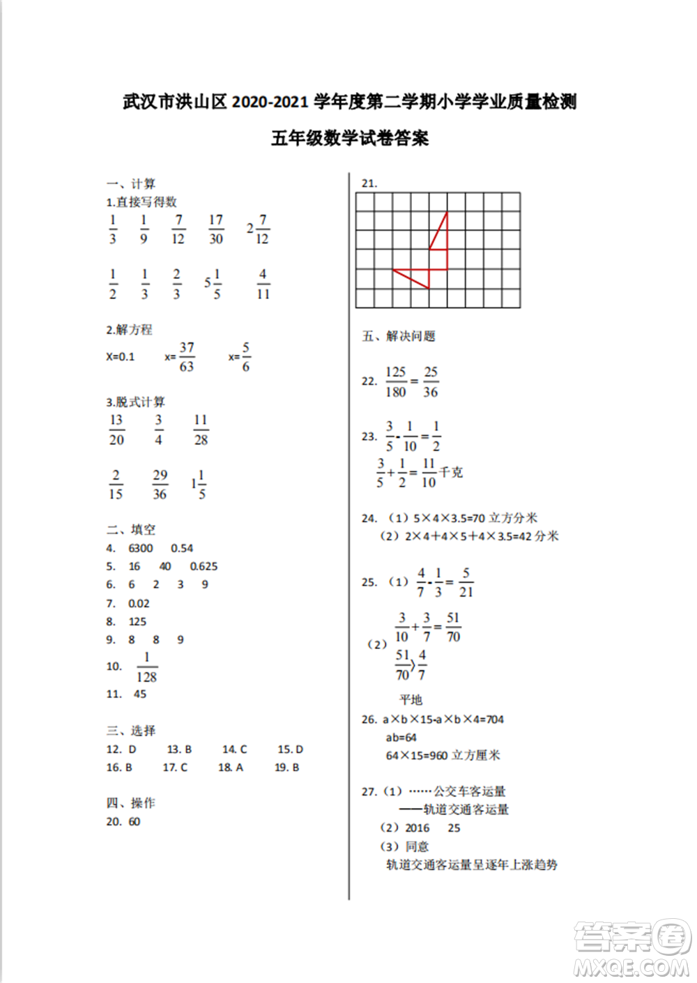 武漢市洪山區(qū)2020-2021學年度第二學期小學學業(yè)質量檢測五年級數(shù)學試卷答案