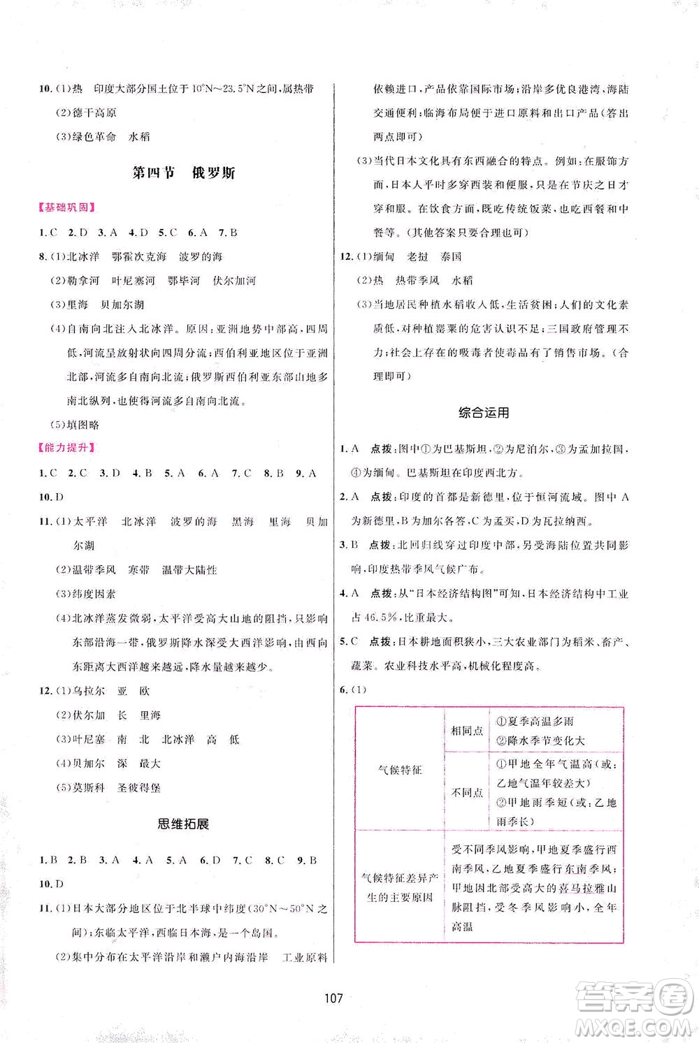 吉林教育出版社2021三維數(shù)字課堂地理七年級下冊人教版答案