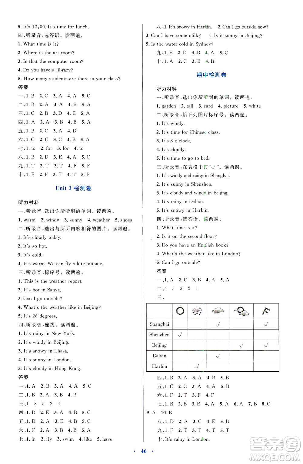 內(nèi)蒙古教育出版社2021學(xué)習(xí)目標(biāo)與檢測(cè)四年級(jí)英語(yǔ)下冊(cè)人教版答案