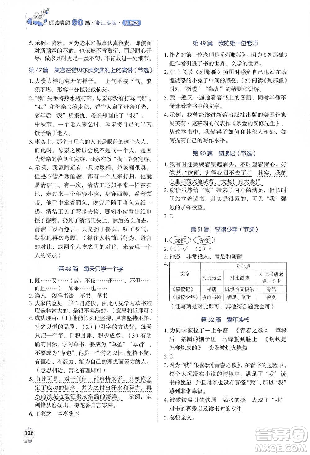 廣東經(jīng)濟(jì)出版社2021暢閱讀小學(xué)語(yǔ)文閱讀真題80篇浙江專(zhuān)版五年級(jí)參考答案