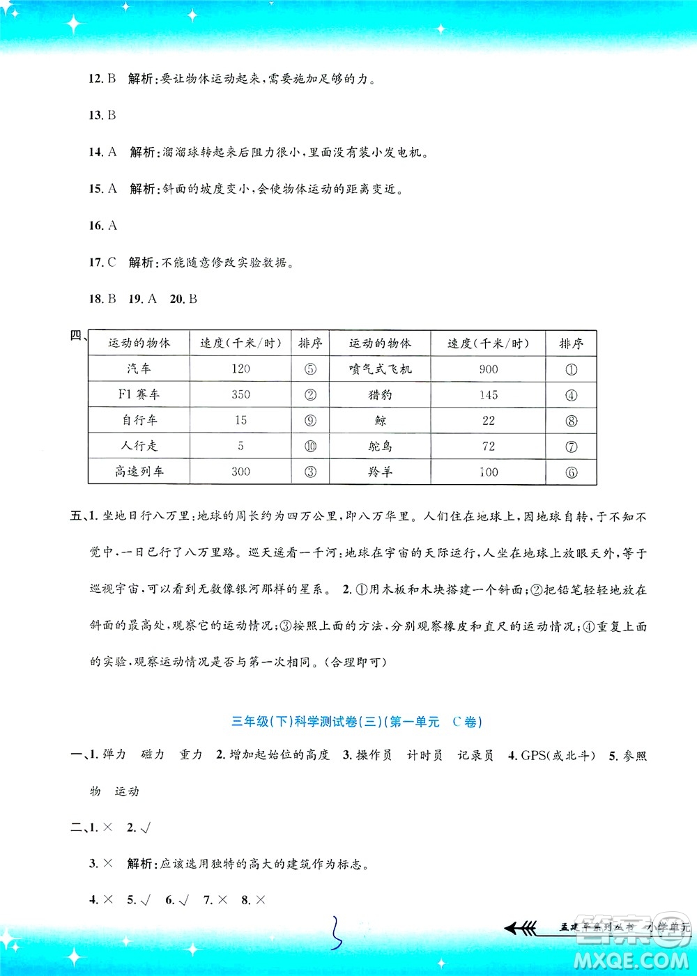 浙江工商大學(xué)出版社2021孟建平系列叢書小學(xué)單元測試科學(xué)三年級(jí)下J教科版答案