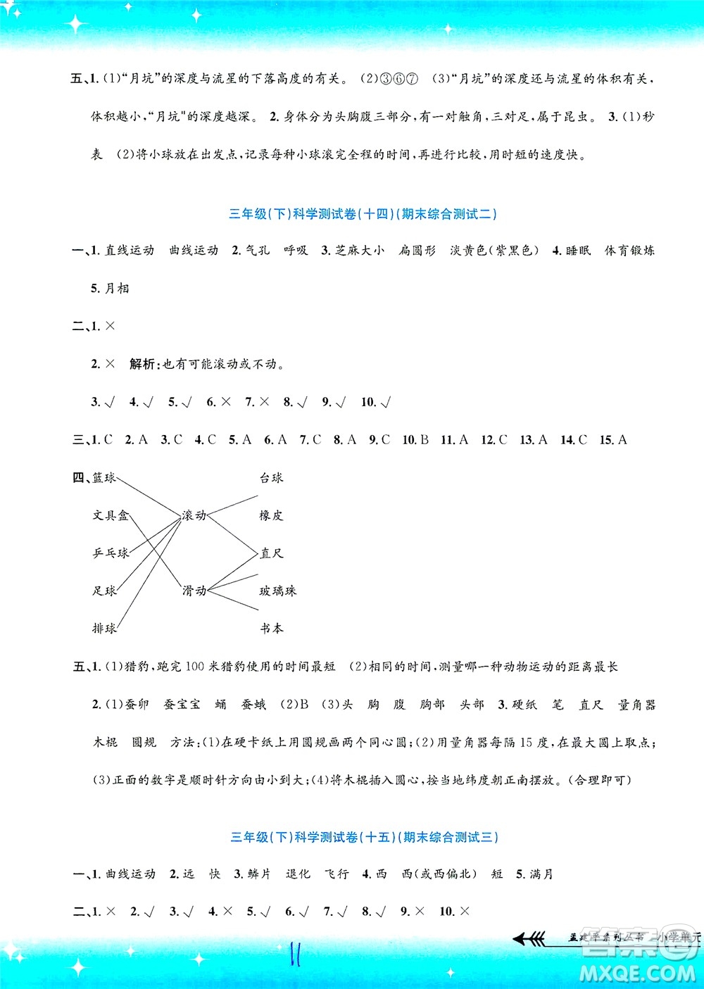 浙江工商大學(xué)出版社2021孟建平系列叢書小學(xué)單元測試科學(xué)三年級(jí)下J教科版答案