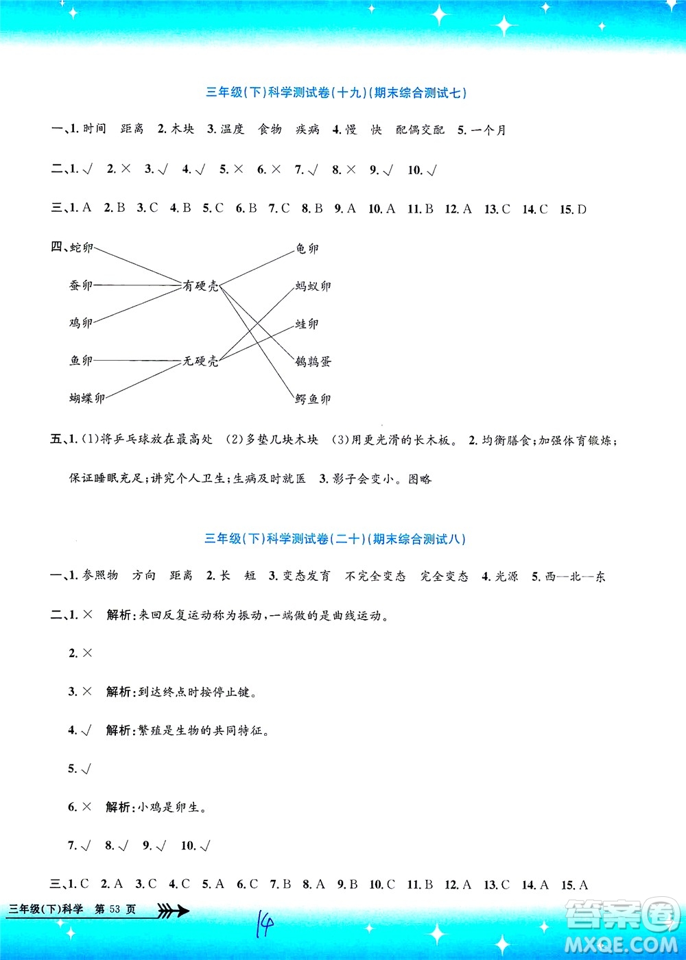 浙江工商大學(xué)出版社2021孟建平系列叢書小學(xué)單元測試科學(xué)三年級(jí)下J教科版答案