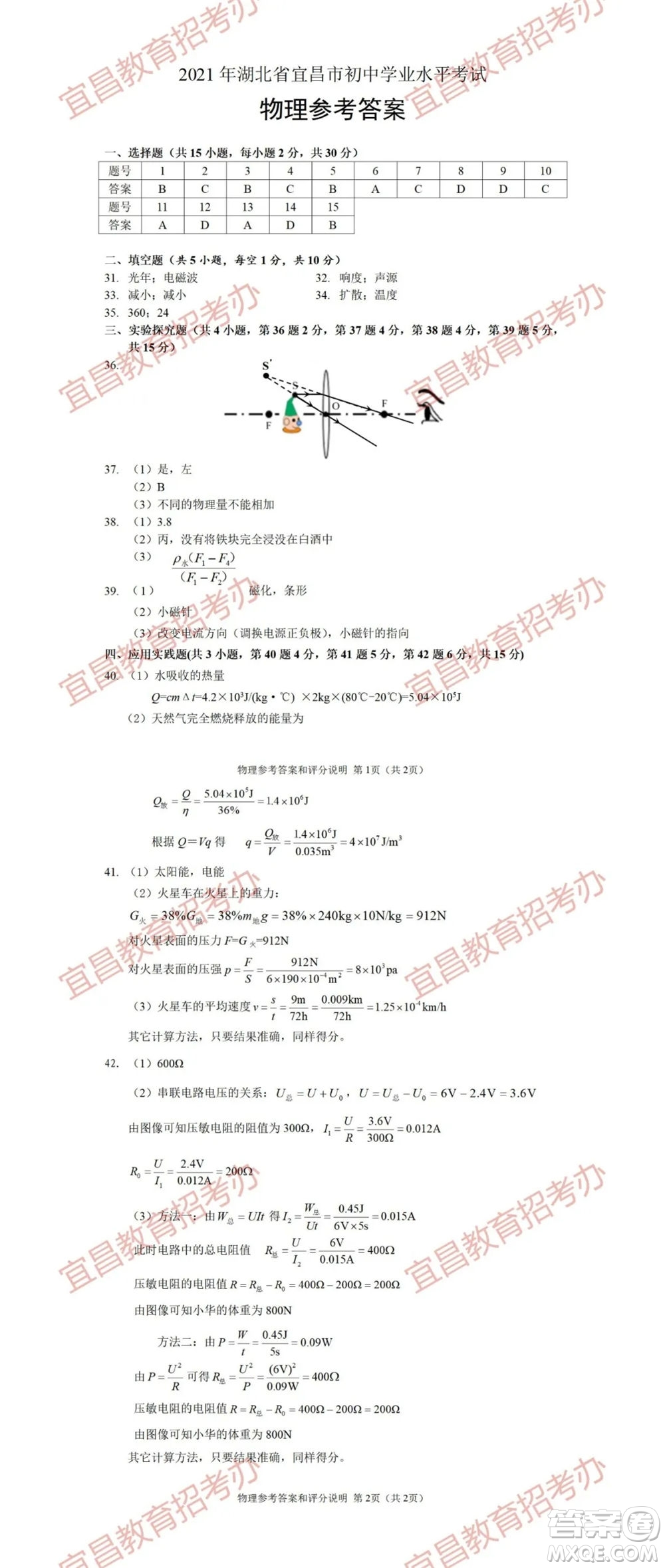 2021年湖北省宜昌市初中學(xué)業(yè)水平考試物理化學(xué)試題及答案