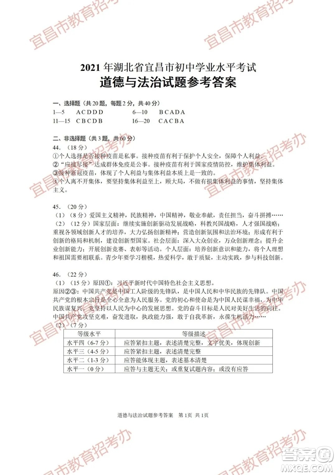 2021年湖北省宜昌市初中學業(yè)水平考試道德與法治歷史試題及答案