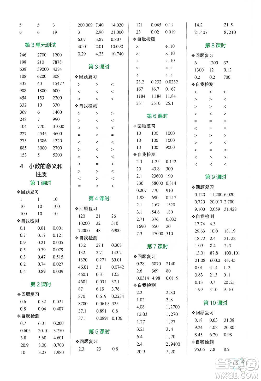 遼寧教育出版社2021小學學霸口算四年級下冊數學人教版參考答案