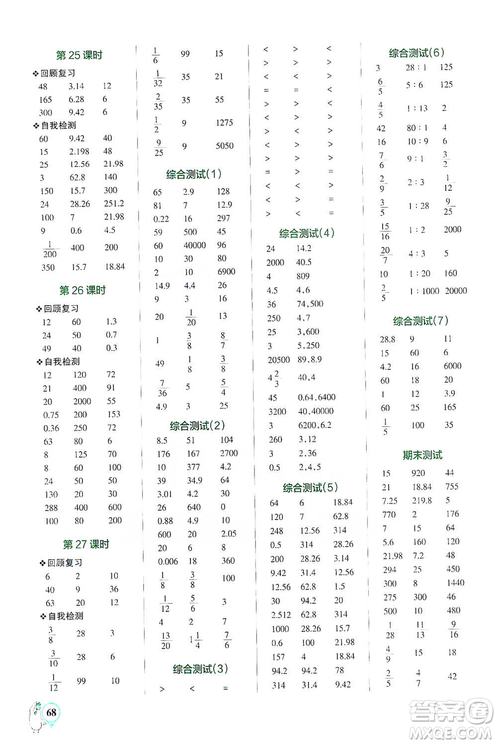 遼寧教育出版社2021小學(xué)學(xué)霸口算六年級下冊數(shù)學(xué)北師版參考答案