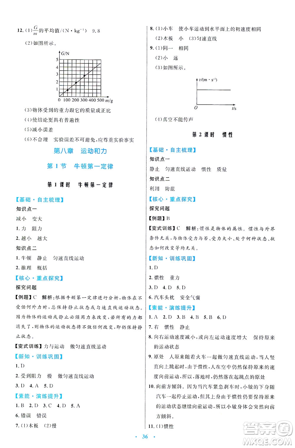 內(nèi)蒙古教育出版社2021學習目標與檢測八年級物理下冊人教版答案