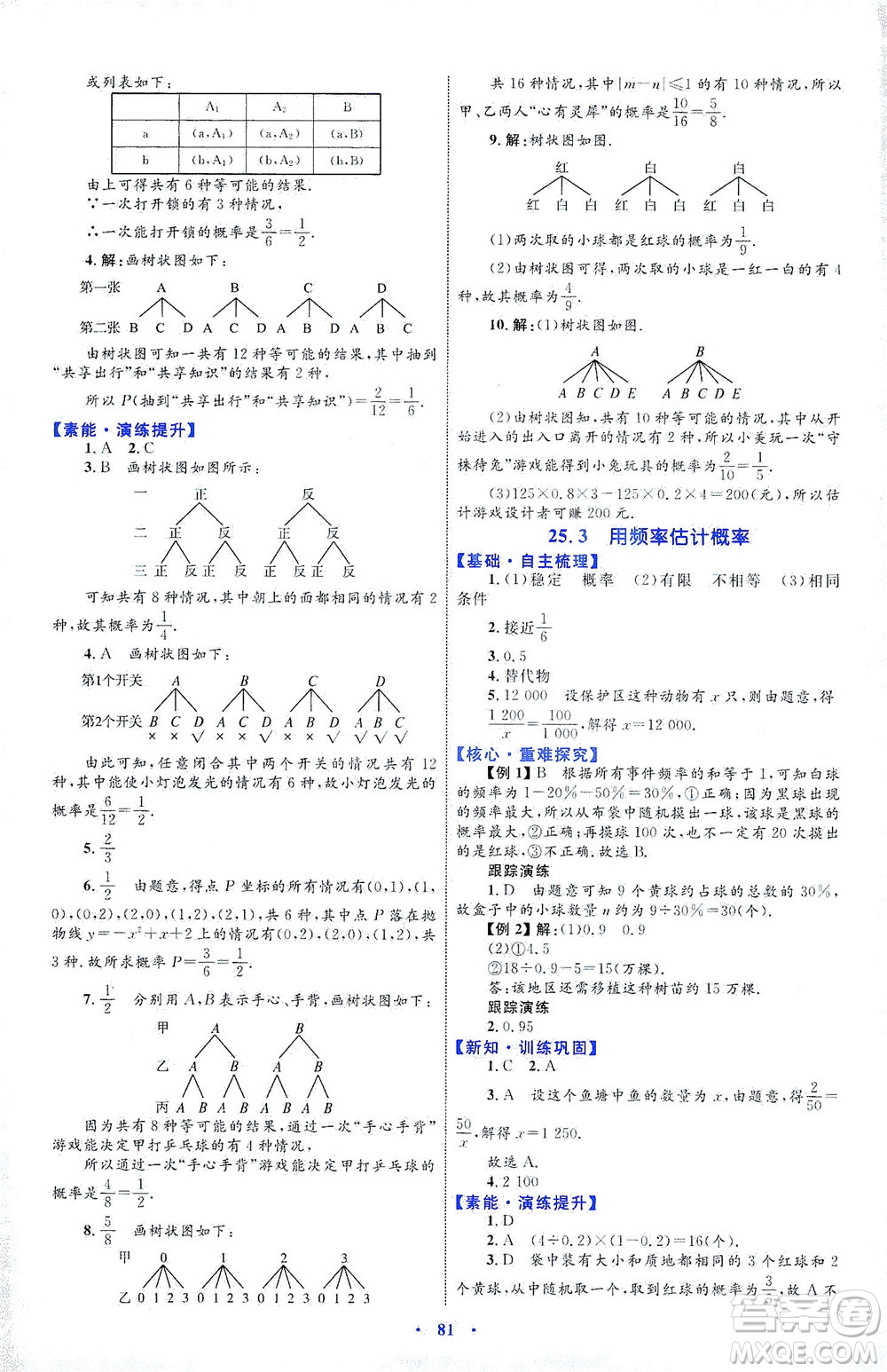 內(nèi)蒙古教育出版社2021學習目標與檢測九年級數(shù)學全一冊人教版答案