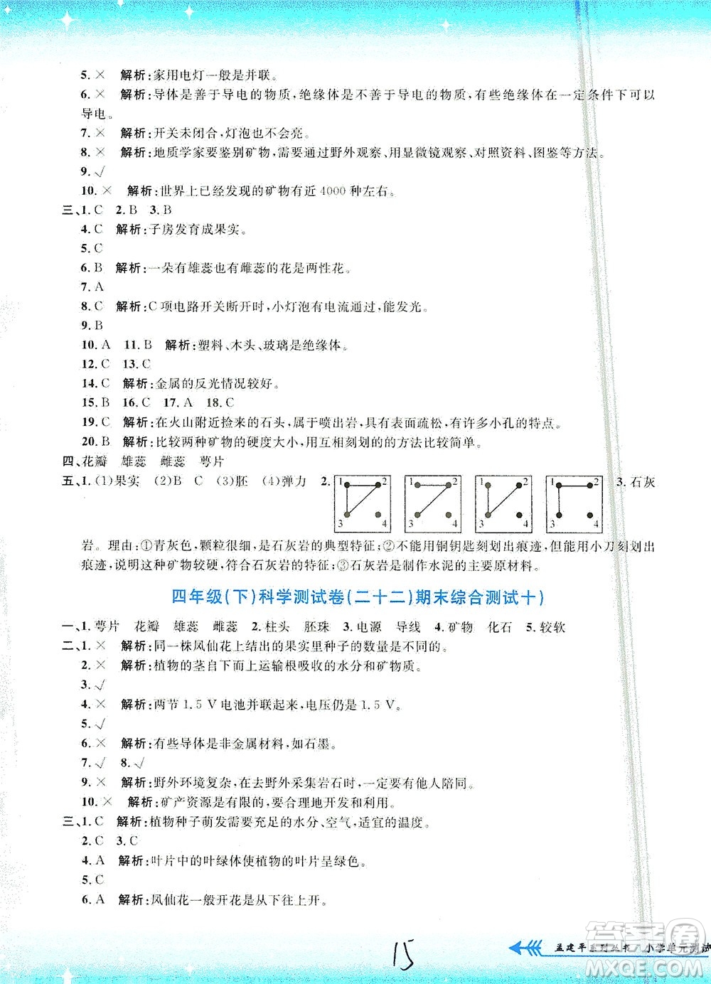 浙江工商大學(xué)出版社2021孟建平系列叢書小學(xué)單元測試科學(xué)四年級下J教科版答案