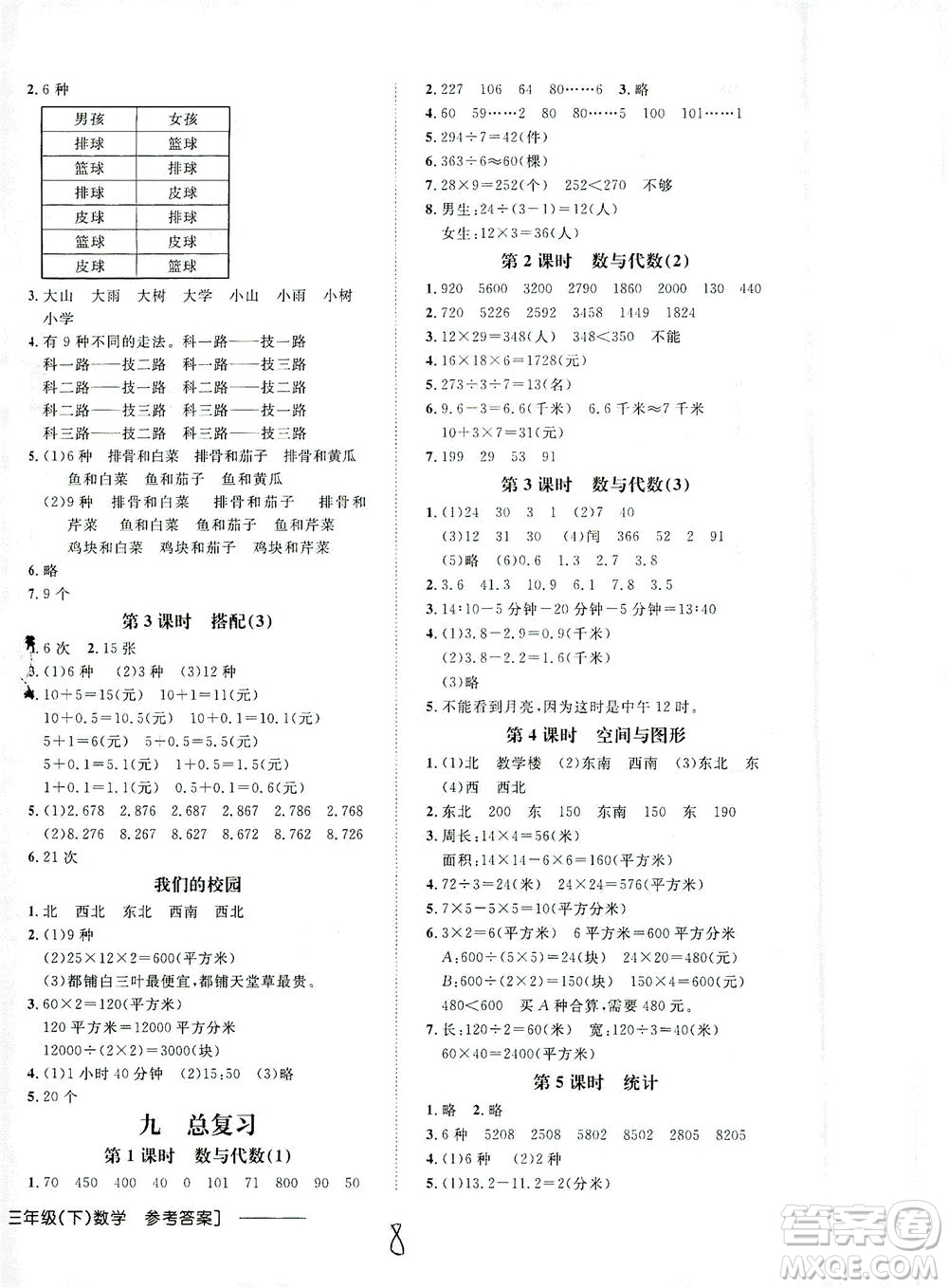 上海大學(xué)出版社2021非常1+1一課一練三年級數(shù)學(xué)下冊人教版答案