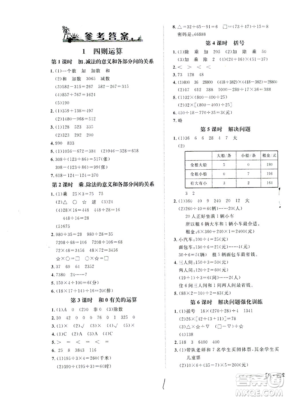 上海大學(xué)出版社2021非常1+1一課一練四年級(jí)數(shù)學(xué)下冊(cè)人教版答案