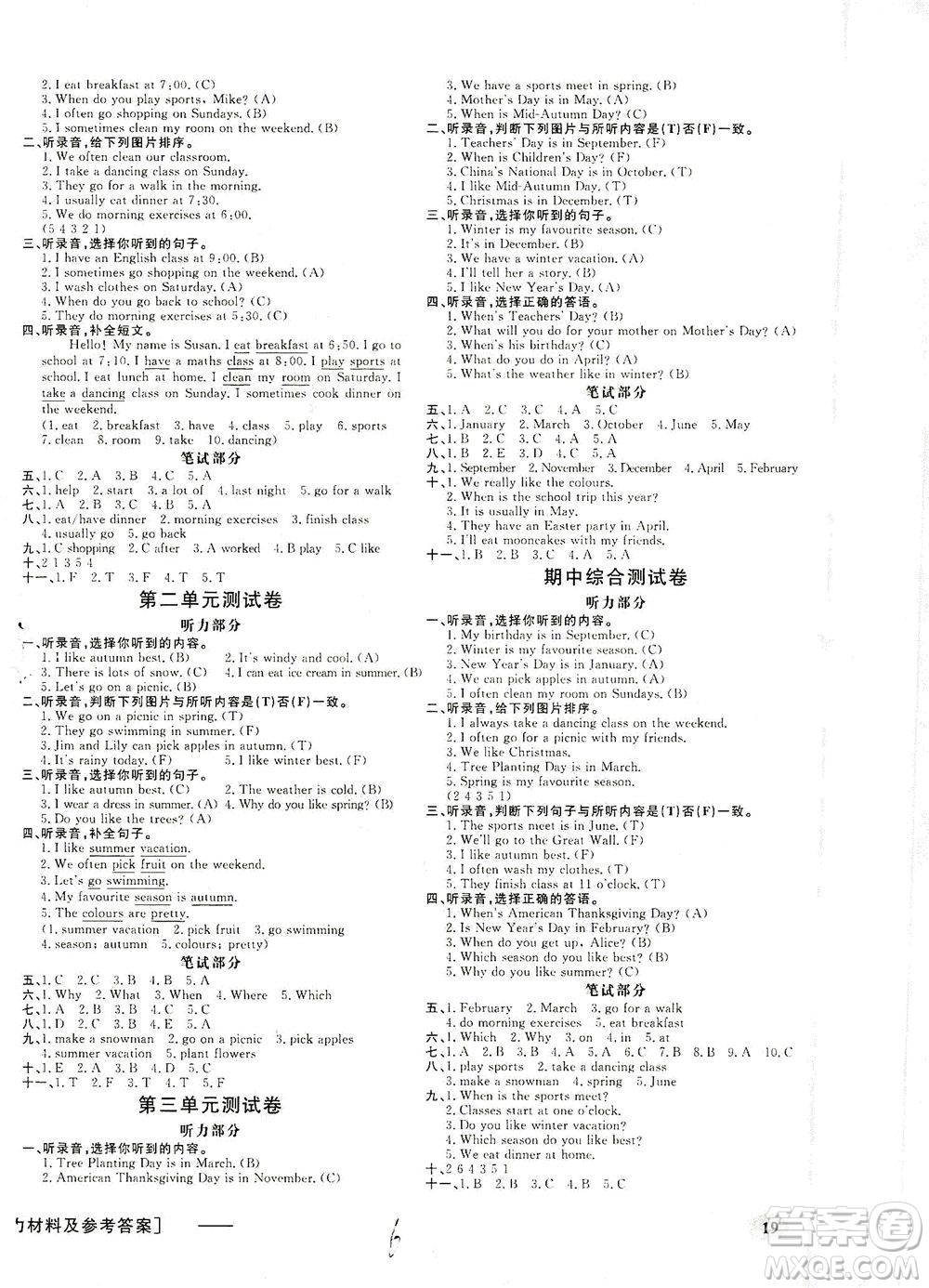 上海大學(xué)出版社2021非常1+1一課一練五年級英語下冊人教版答案