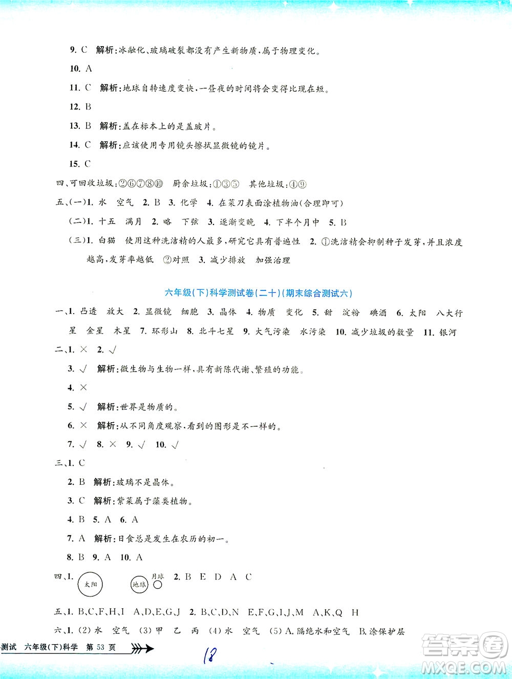 浙江工商大學出版社2021孟建平系列叢書小學單元測試科學六年級下J教科版答案