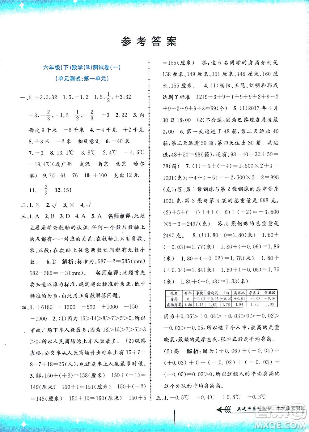 浙江工商大學(xué)出版社2021孟建平系列叢書小學(xué)單元測試數(shù)學(xué)六年級下R人教版答案