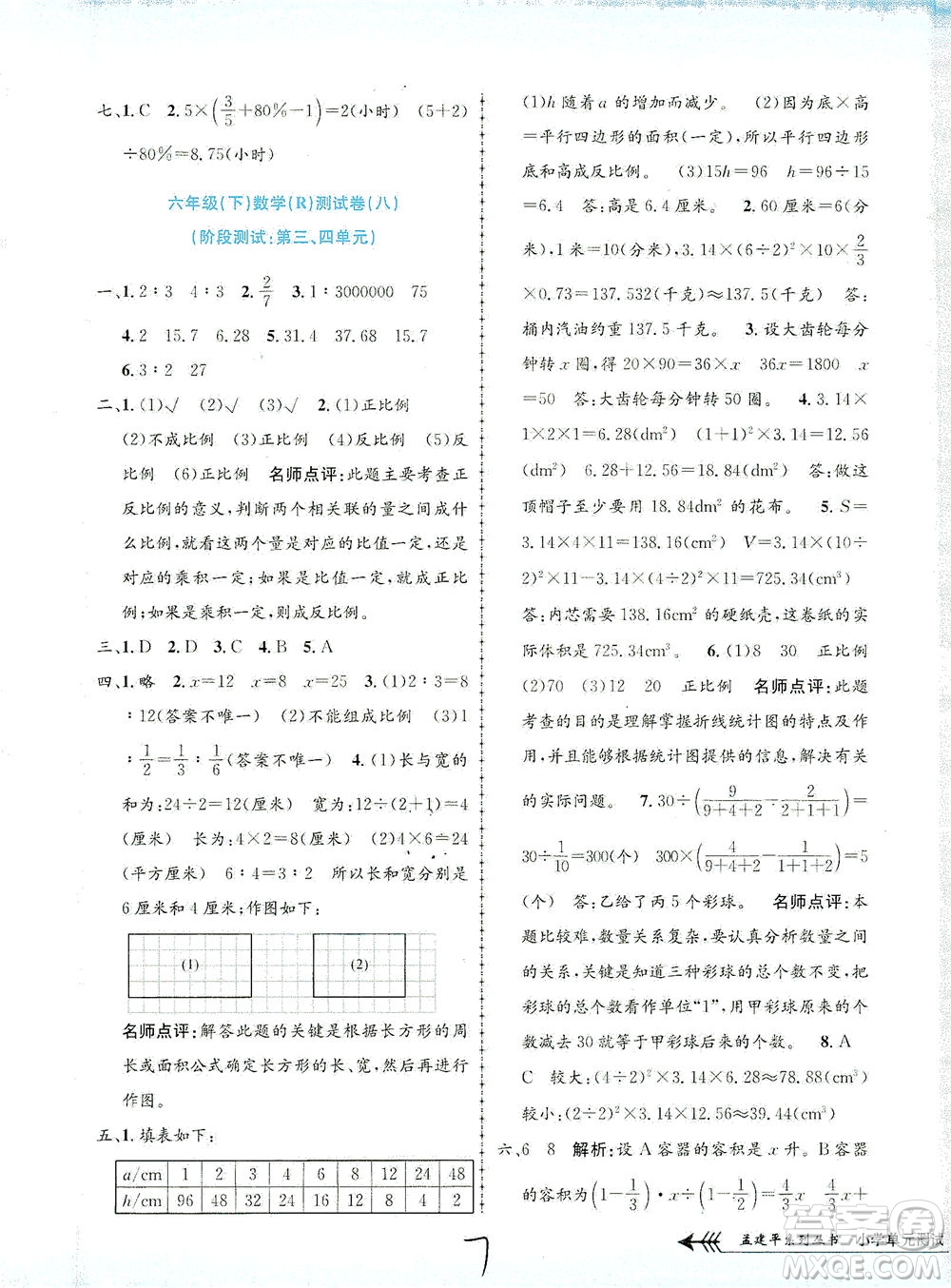 浙江工商大學(xué)出版社2021孟建平系列叢書小學(xué)單元測試數(shù)學(xué)六年級下R人教版答案