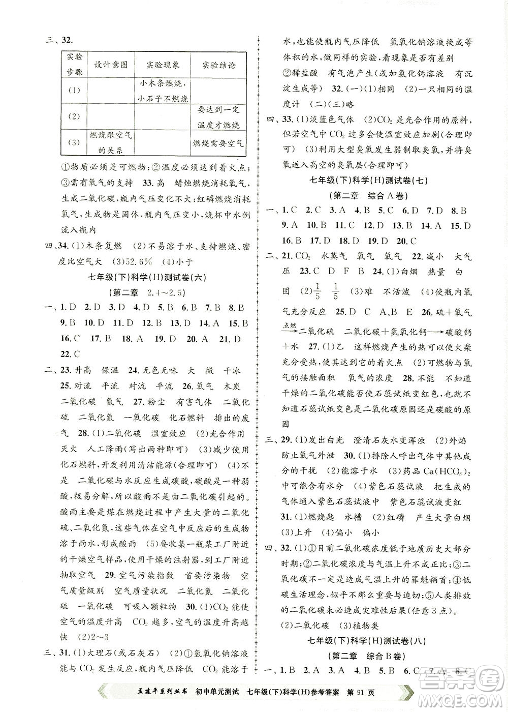 浙江工商大學(xué)出版社2021孟建平系列叢書初中單元測(cè)試科學(xué)七年級(jí)下H華師版答案