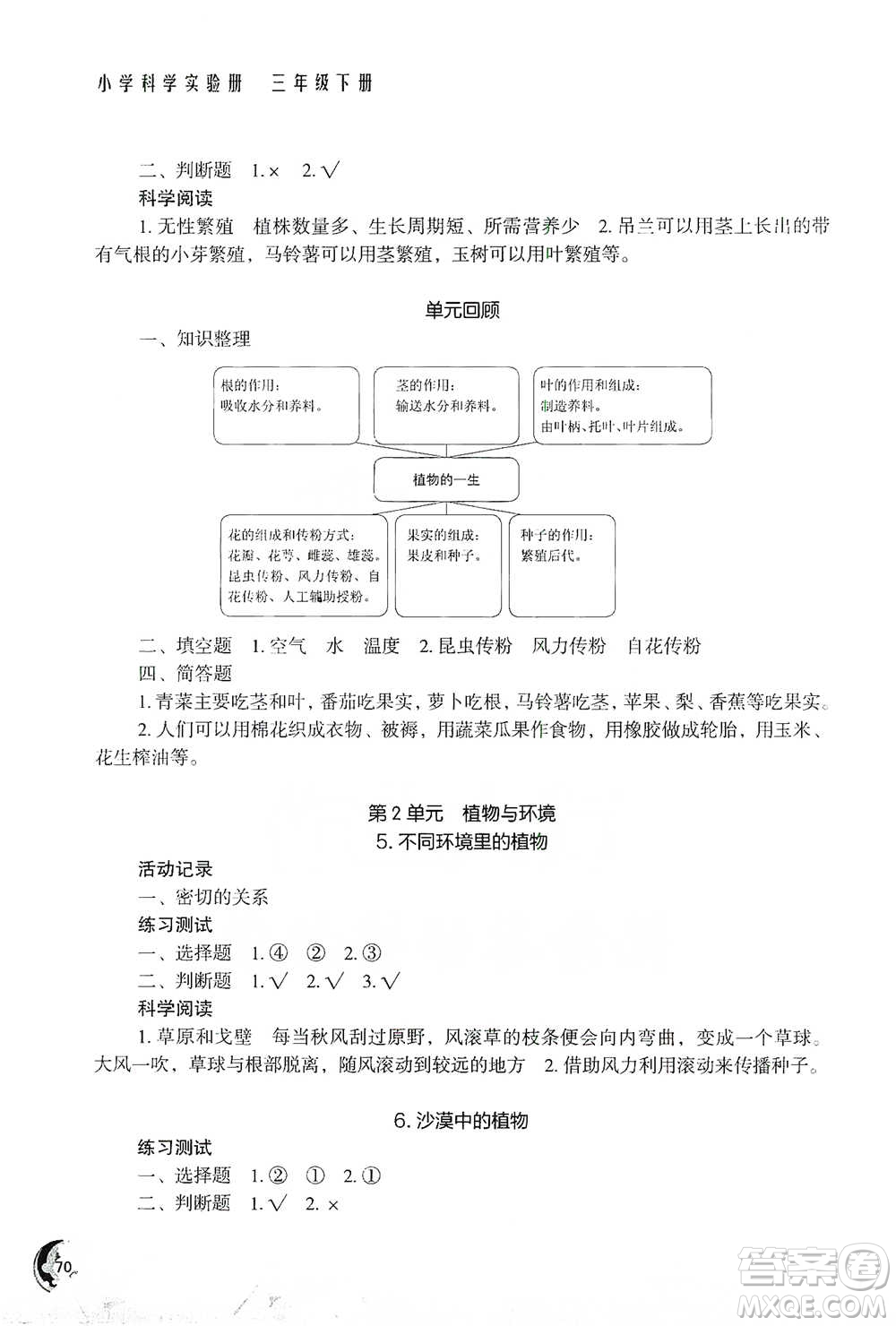 江蘇鳳凰教育出版社2021小學科學實驗冊三年級下冊參考答案