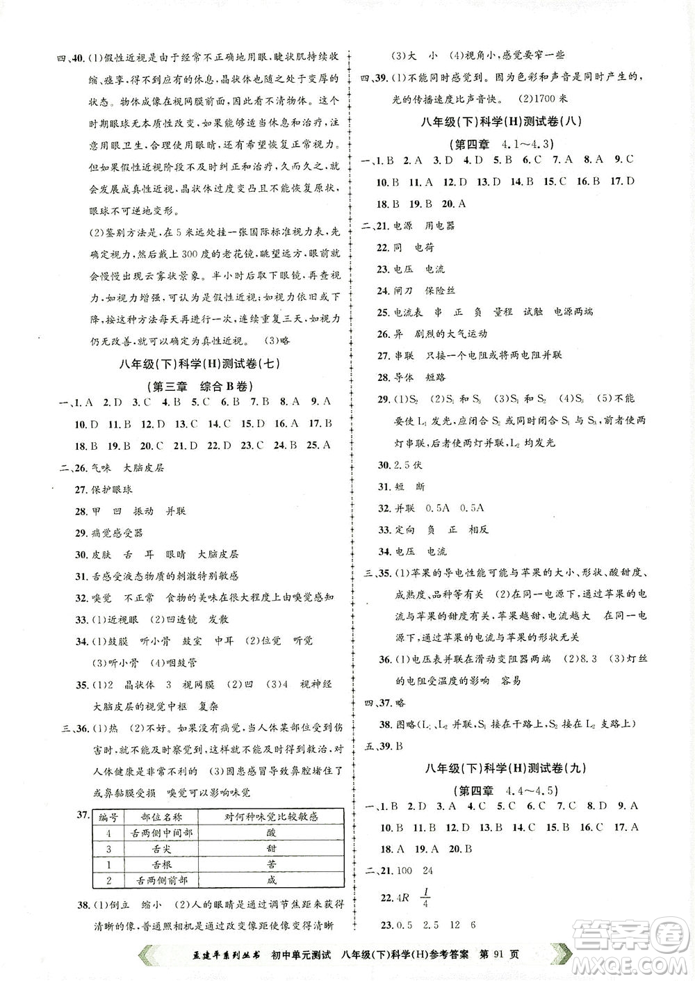 浙江工商大學(xué)出版社2021孟建平系列叢書初中單元測試科學(xué)八年級下H華師版答案