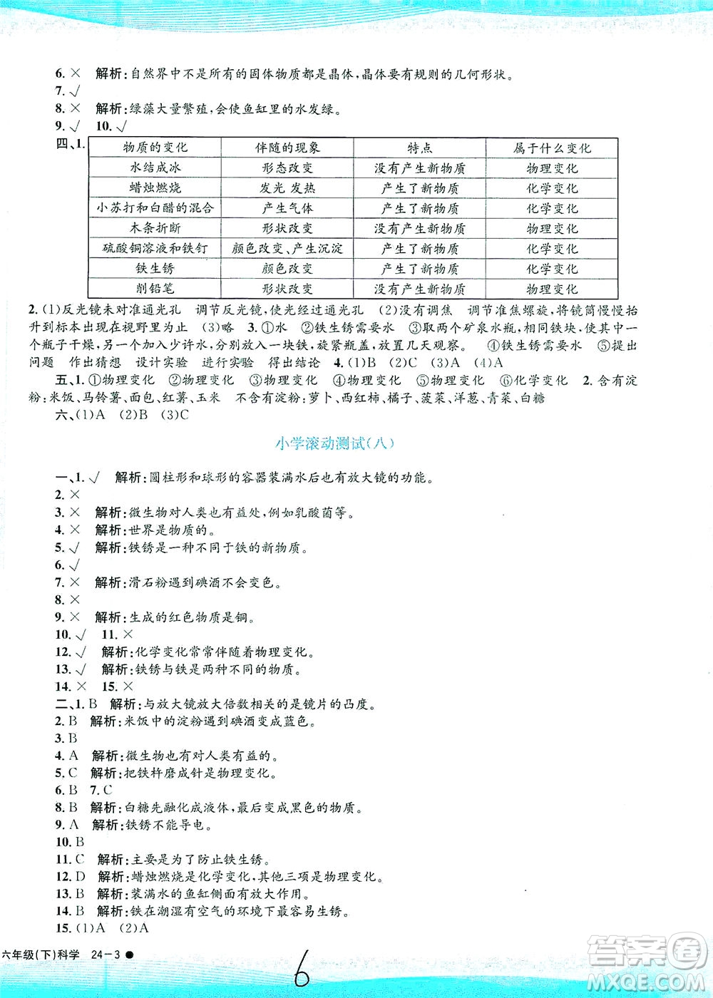 浙江工商大學(xué)出版社2021孟建平系列叢書小學(xué)滾動(dòng)測(cè)試科學(xué)六年級(jí)下J教科版答案