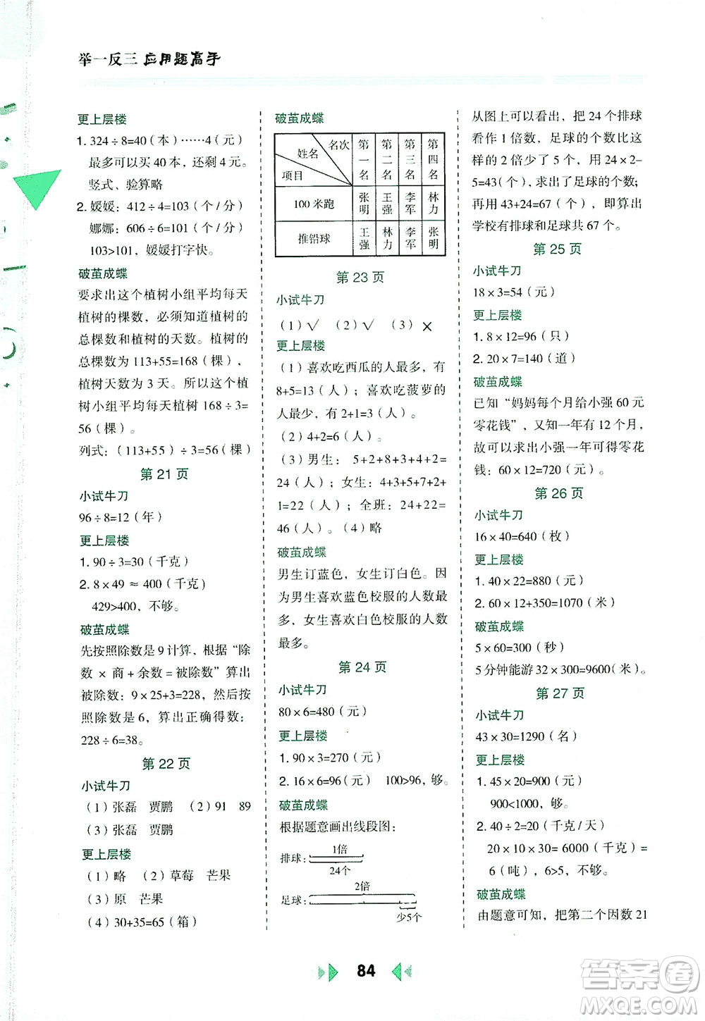 陜西人民教育出版社2021舉一反三應(yīng)用題高手三年級(jí)數(shù)學(xué)下冊(cè)人教版答案